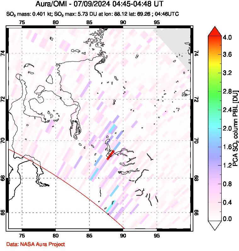 A sulfur dioxide image over Norilsk, Russian Federation on Jul 09, 2024.