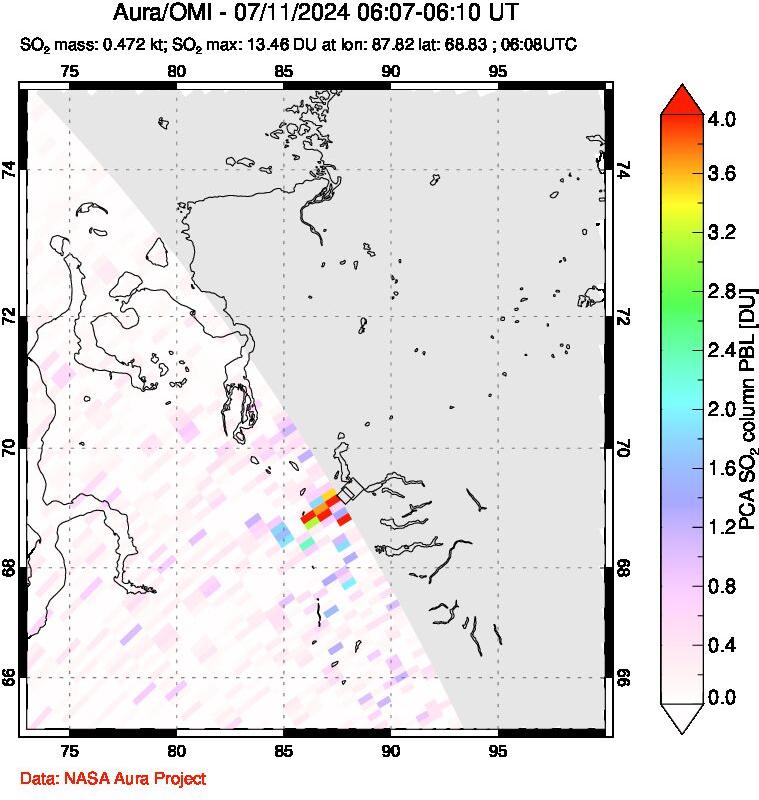 A sulfur dioxide image over Norilsk, Russian Federation on Jul 11, 2024.