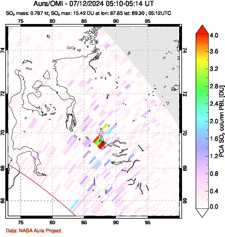 A sulfur dioxide image over Norilsk, Russian Federation on Jul 12, 2024.