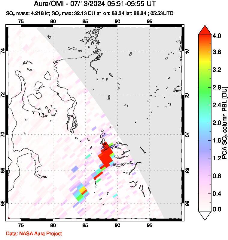 A sulfur dioxide image over Norilsk, Russian Federation on Jul 13, 2024.