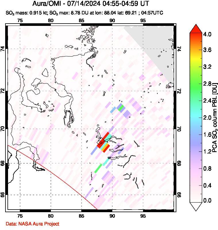 A sulfur dioxide image over Norilsk, Russian Federation on Jul 14, 2024.