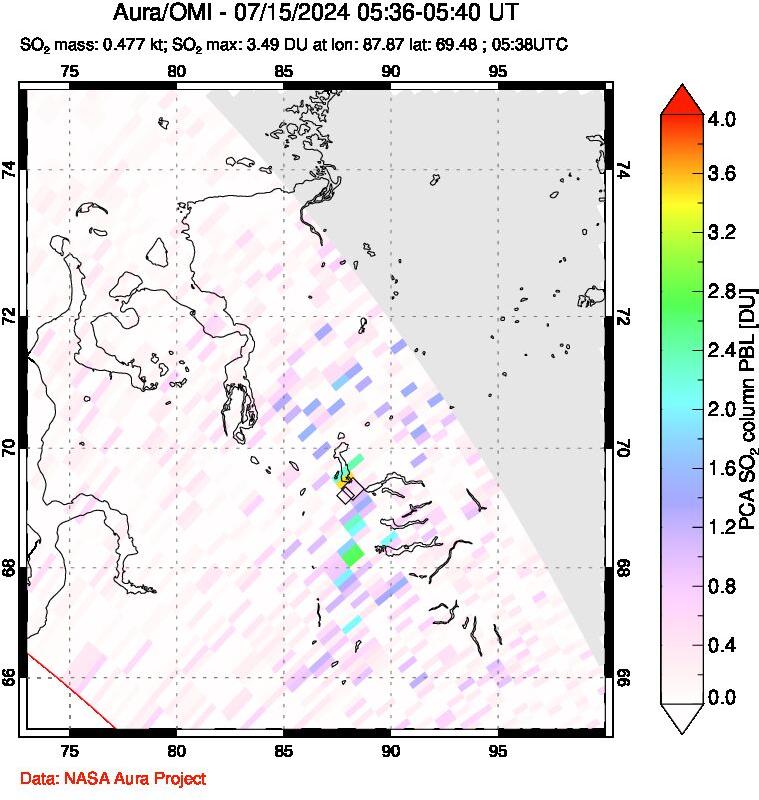 A sulfur dioxide image over Norilsk, Russian Federation on Jul 15, 2024.