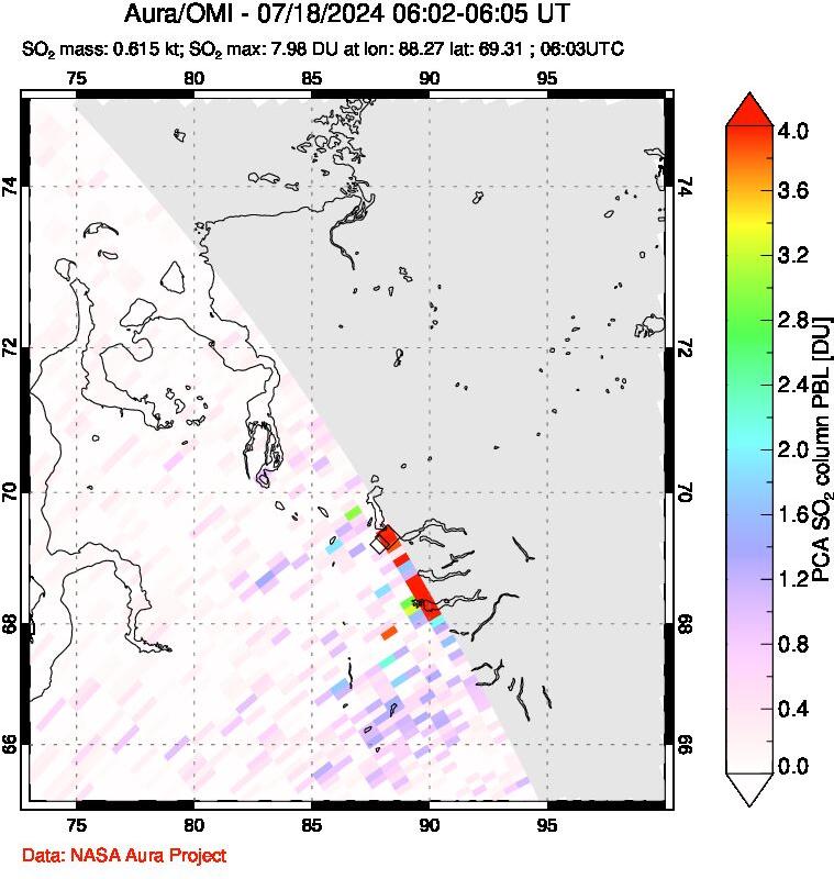 A sulfur dioxide image over Norilsk, Russian Federation on Jul 18, 2024.