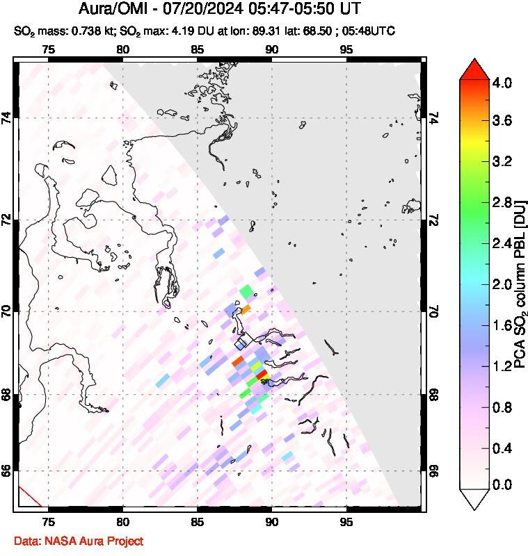 A sulfur dioxide image over Norilsk, Russian Federation on Jul 20, 2024.