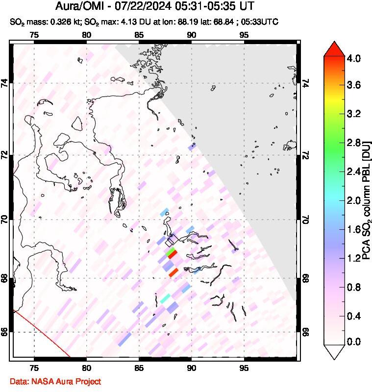 A sulfur dioxide image over Norilsk, Russian Federation on Jul 22, 2024.