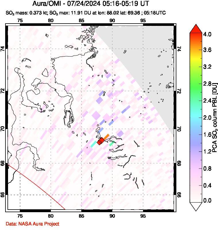 A sulfur dioxide image over Norilsk, Russian Federation on Jul 24, 2024.