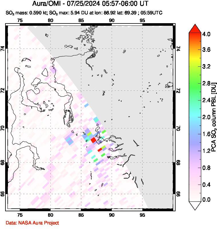 A sulfur dioxide image over Norilsk, Russian Federation on Jul 25, 2024.