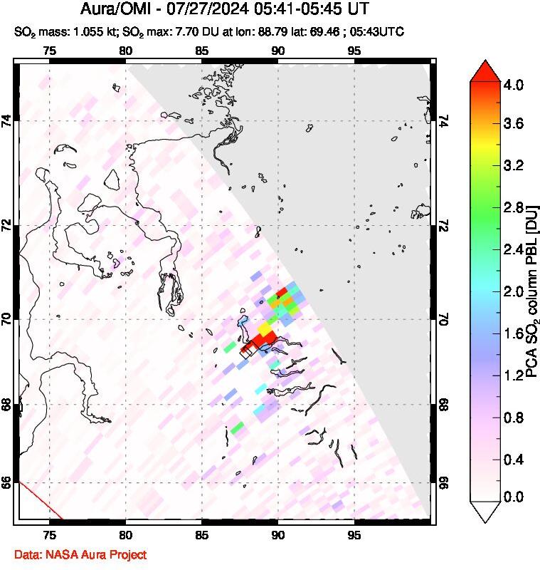 A sulfur dioxide image over Norilsk, Russian Federation on Jul 27, 2024.