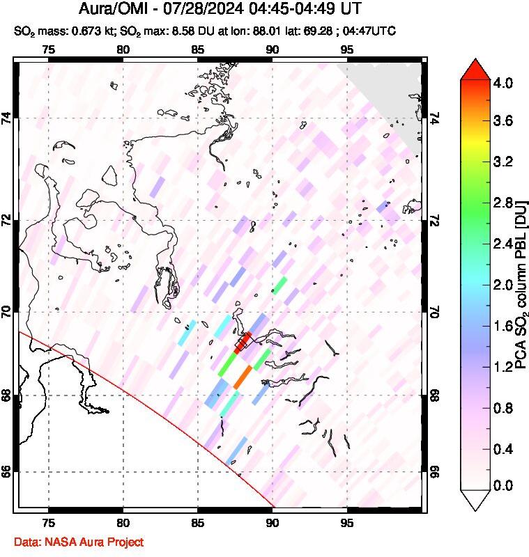 A sulfur dioxide image over Norilsk, Russian Federation on Jul 28, 2024.