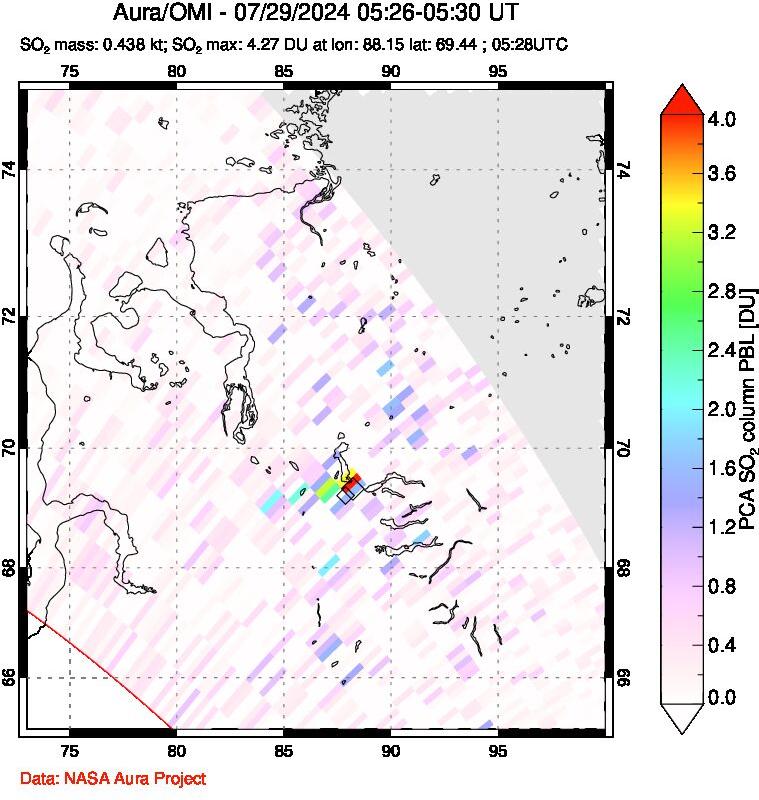 A sulfur dioxide image over Norilsk, Russian Federation on Jul 29, 2024.