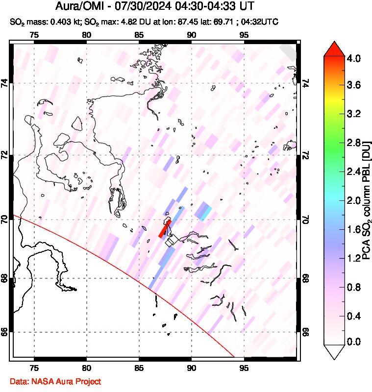 A sulfur dioxide image over Norilsk, Russian Federation on Jul 30, 2024.