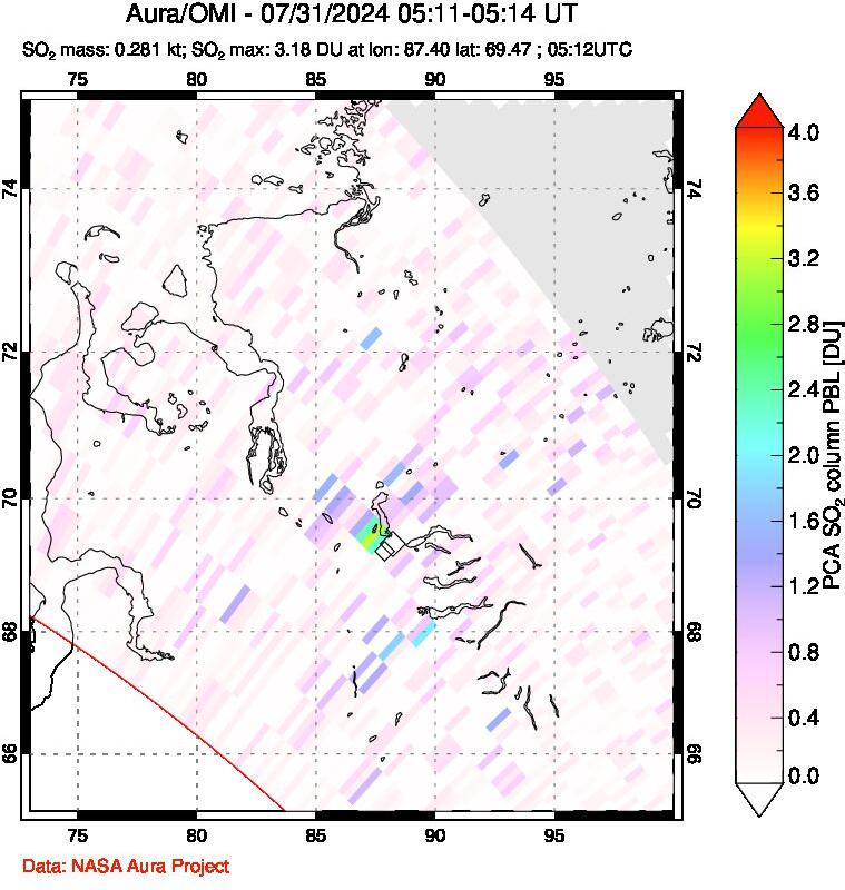 A sulfur dioxide image over Norilsk, Russian Federation on Jul 31, 2024.