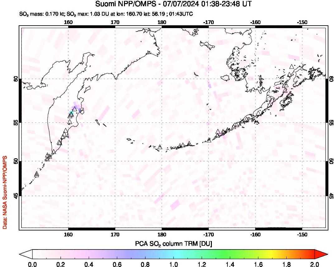 A sulfur dioxide image over North Pacific on Jul 07, 2024.