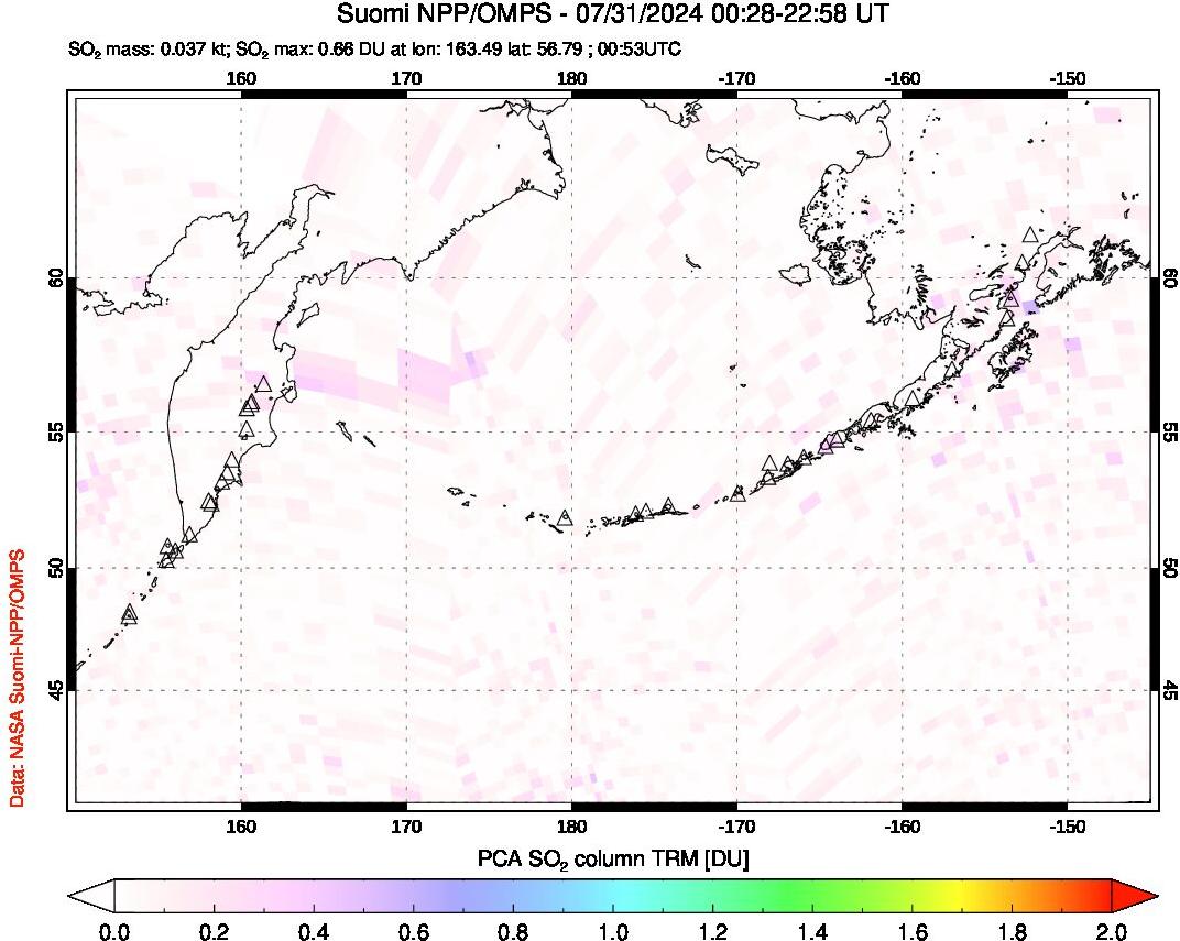 A sulfur dioxide image over North Pacific on Jul 31, 2024.