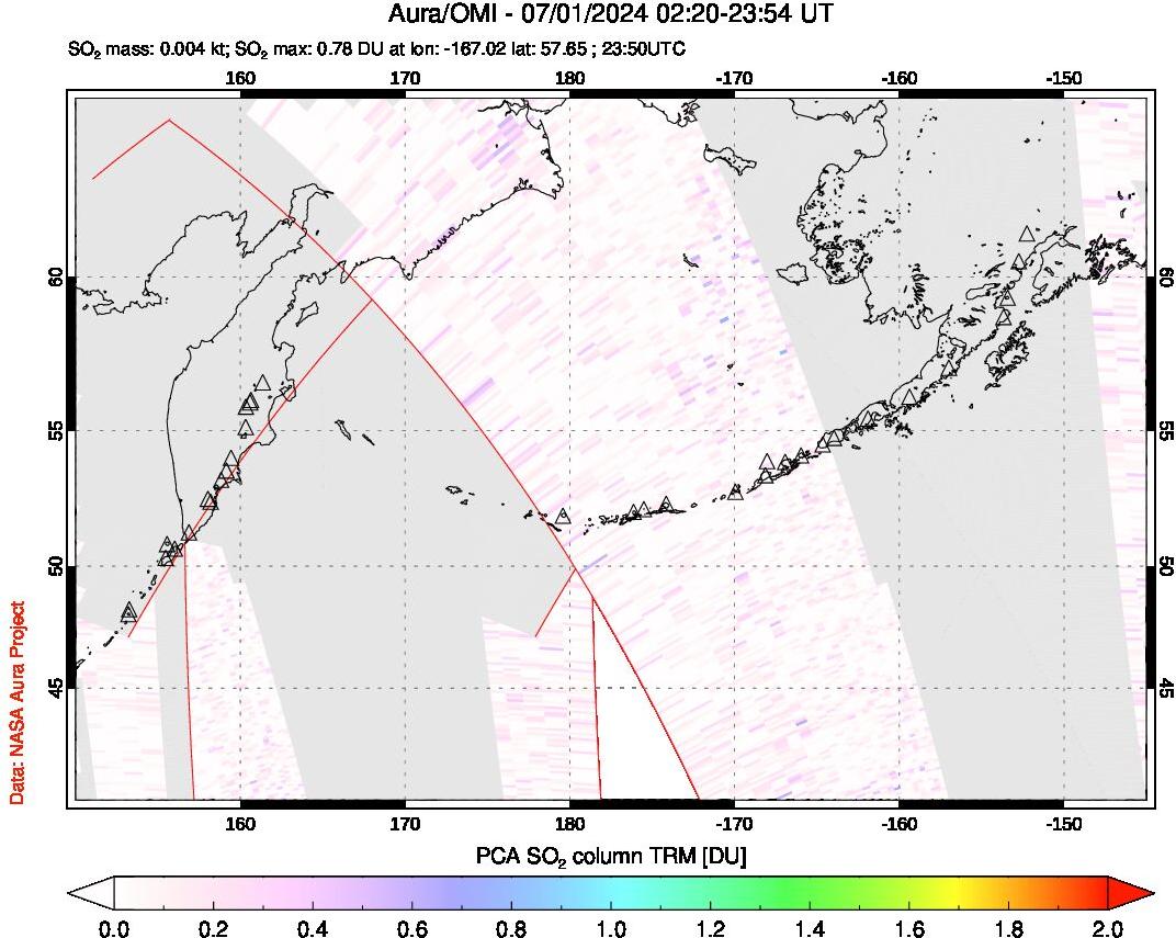 A sulfur dioxide image over North Pacific on Jul 01, 2024.