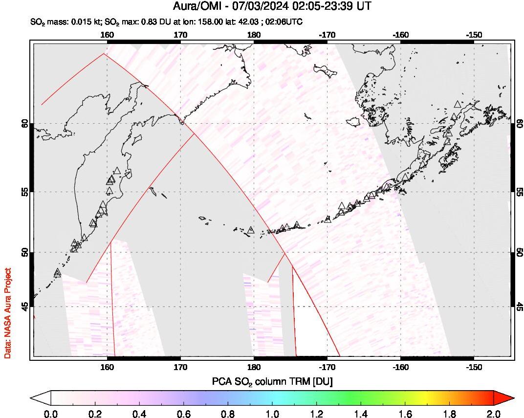 A sulfur dioxide image over North Pacific on Jul 03, 2024.