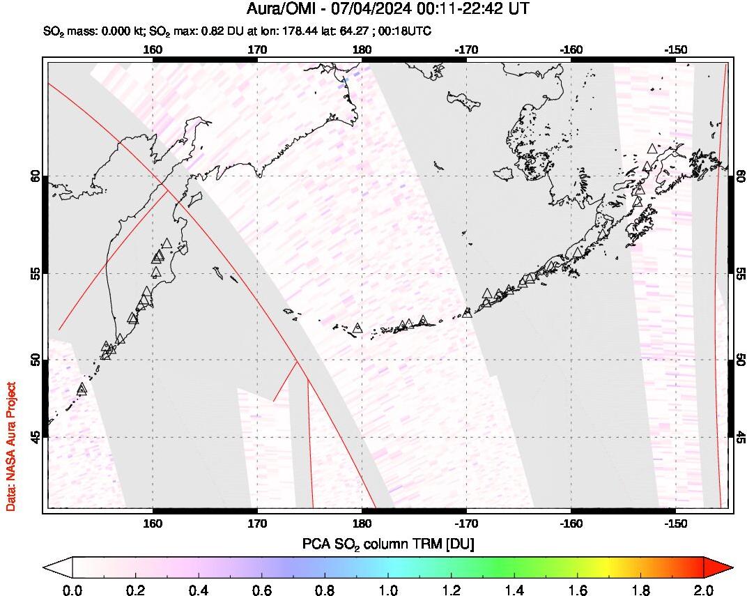 A sulfur dioxide image over North Pacific on Jul 04, 2024.