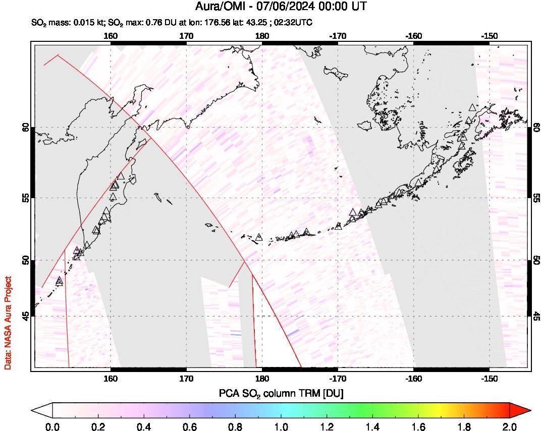 A sulfur dioxide image over North Pacific on Jul 06, 2024.