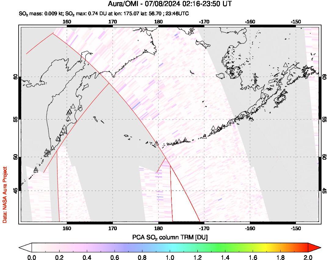 A sulfur dioxide image over North Pacific on Jul 08, 2024.