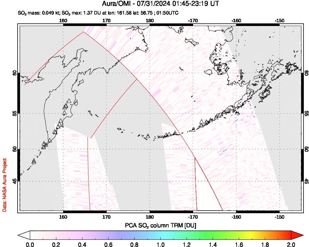 A sulfur dioxide image over North Pacific on Jul 31, 2024.