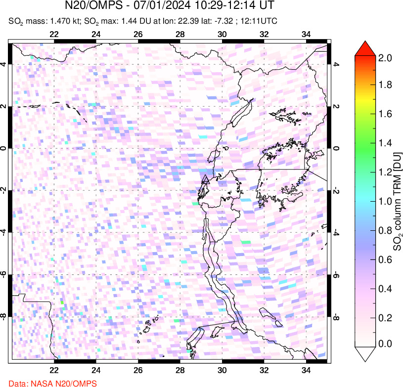 A sulfur dioxide image over Nyiragongo, DR Congo on Jul 01, 2024.