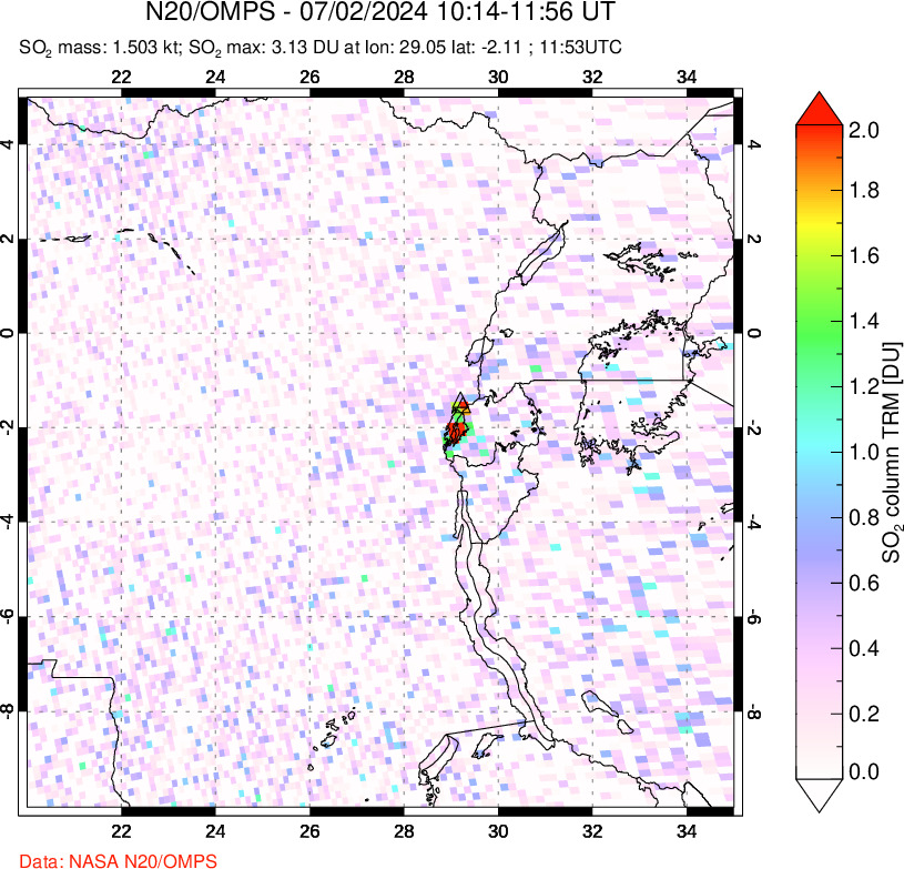 A sulfur dioxide image over Nyiragongo, DR Congo on Jul 02, 2024.