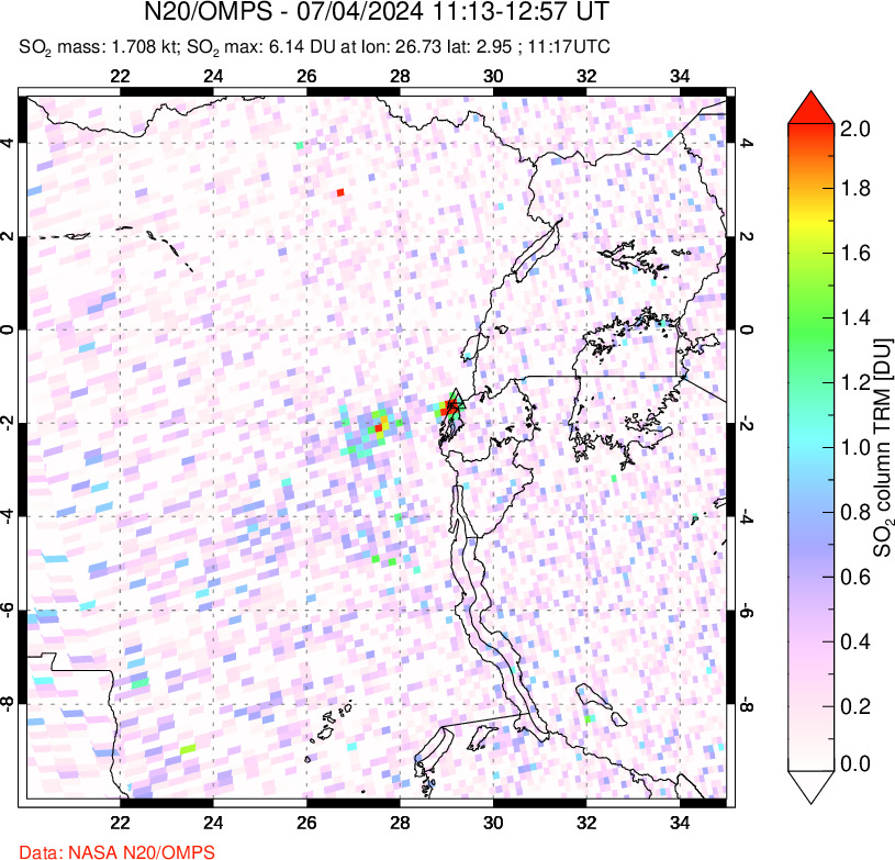 A sulfur dioxide image over Nyiragongo, DR Congo on Jul 04, 2024.