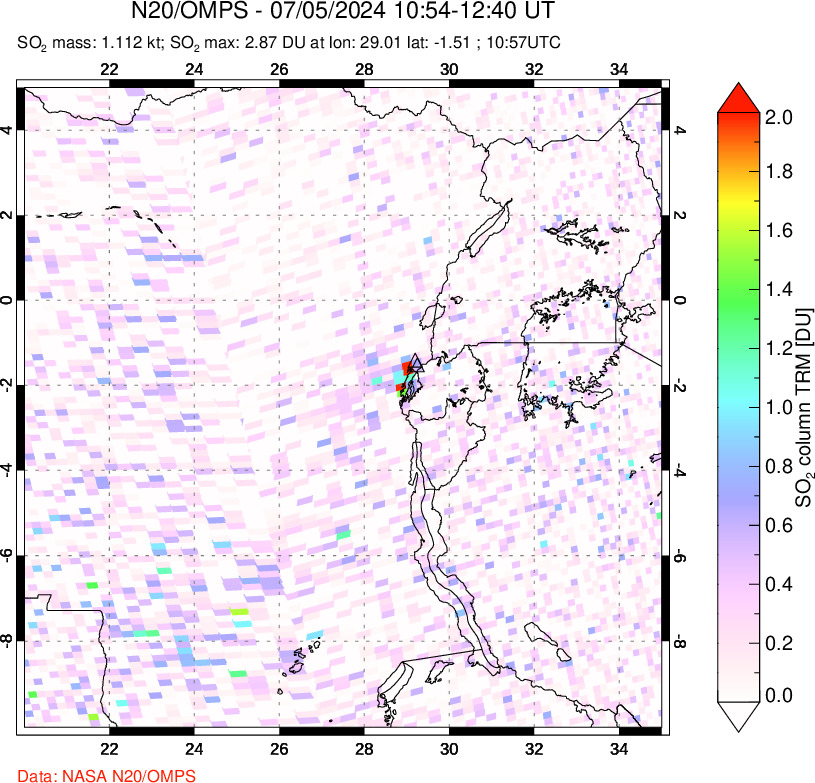 A sulfur dioxide image over Nyiragongo, DR Congo on Jul 05, 2024.