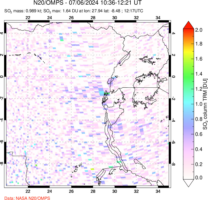 A sulfur dioxide image over Nyiragongo, DR Congo on Jul 06, 2024.