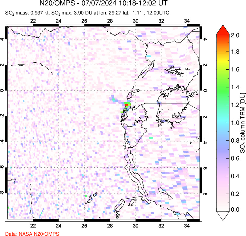 A sulfur dioxide image over Nyiragongo, DR Congo on Jul 07, 2024.