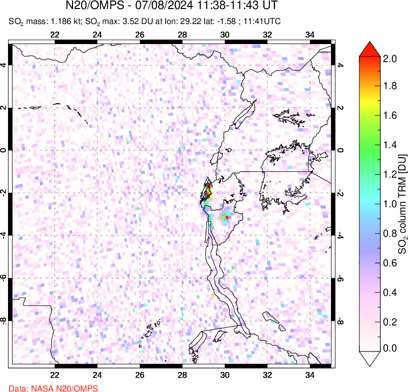 A sulfur dioxide image over Nyiragongo, DR Congo on Jul 08, 2024.