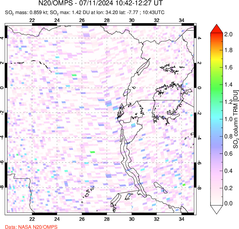 A sulfur dioxide image over Nyiragongo, DR Congo on Jul 11, 2024.