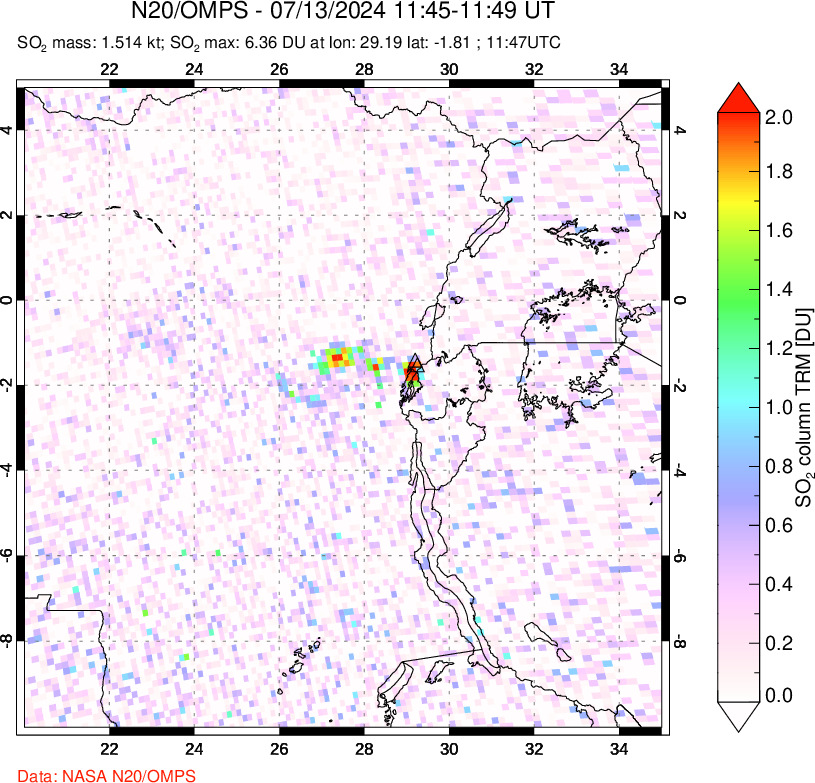 A sulfur dioxide image over Nyiragongo, DR Congo on Jul 13, 2024.