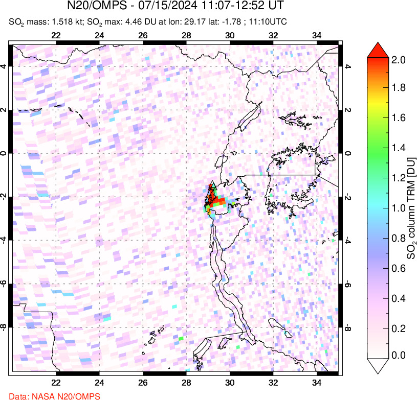 A sulfur dioxide image over Nyiragongo, DR Congo on Jul 15, 2024.