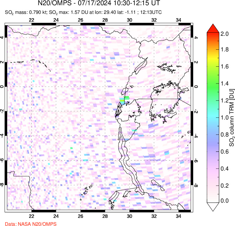 A sulfur dioxide image over Nyiragongo, DR Congo on Jul 17, 2024.