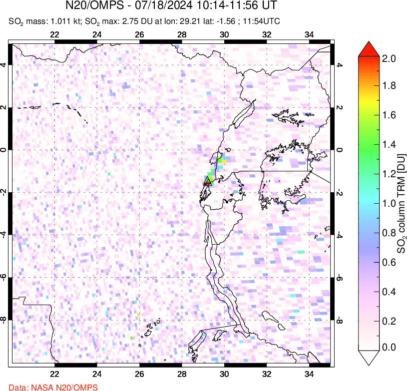 A sulfur dioxide image over Nyiragongo, DR Congo on Jul 18, 2024.