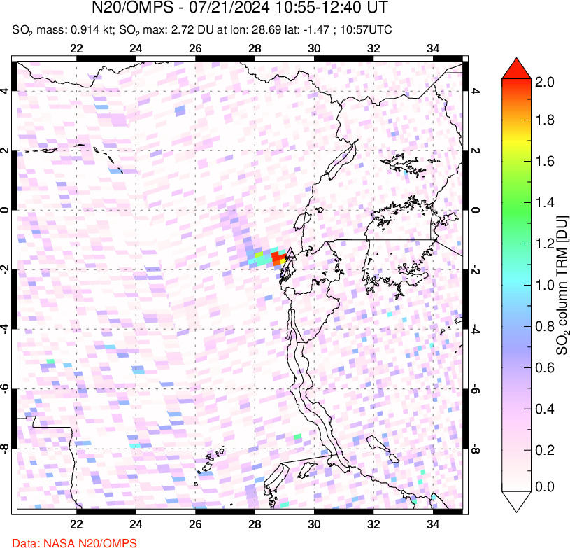 A sulfur dioxide image over Nyiragongo, DR Congo on Jul 21, 2024.