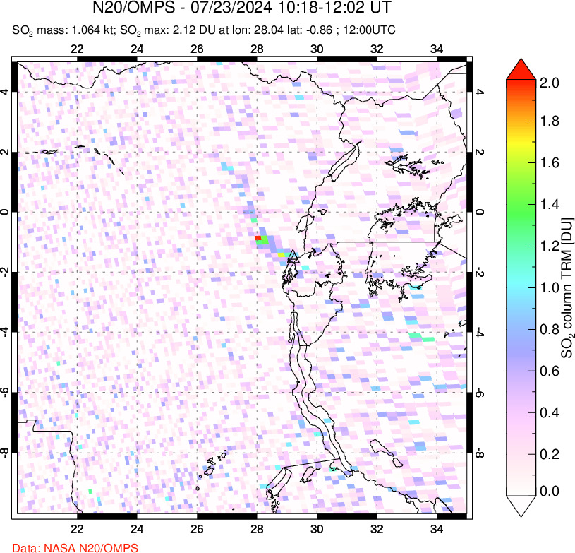 A sulfur dioxide image over Nyiragongo, DR Congo on Jul 23, 2024.