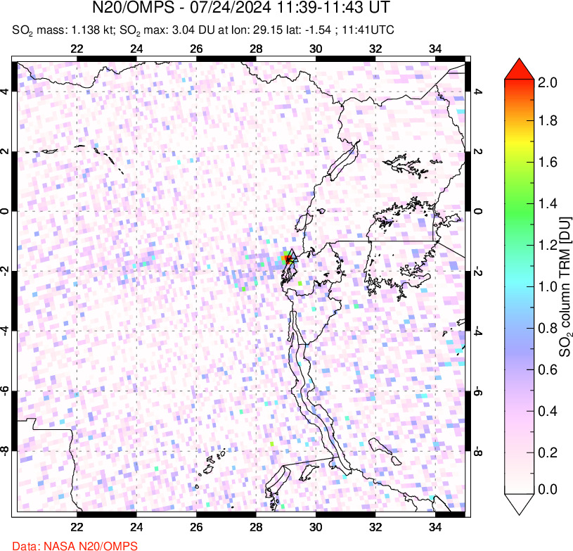 A sulfur dioxide image over Nyiragongo, DR Congo on Jul 24, 2024.