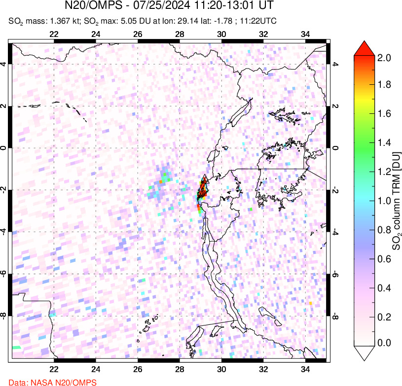 A sulfur dioxide image over Nyiragongo, DR Congo on Jul 25, 2024.