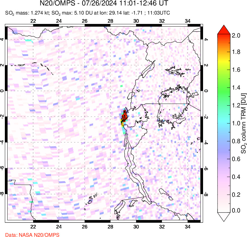 A sulfur dioxide image over Nyiragongo, DR Congo on Jul 26, 2024.