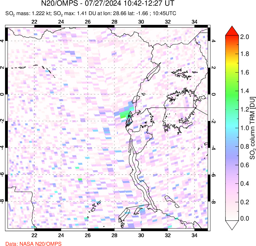 A sulfur dioxide image over Nyiragongo, DR Congo on Jul 27, 2024.