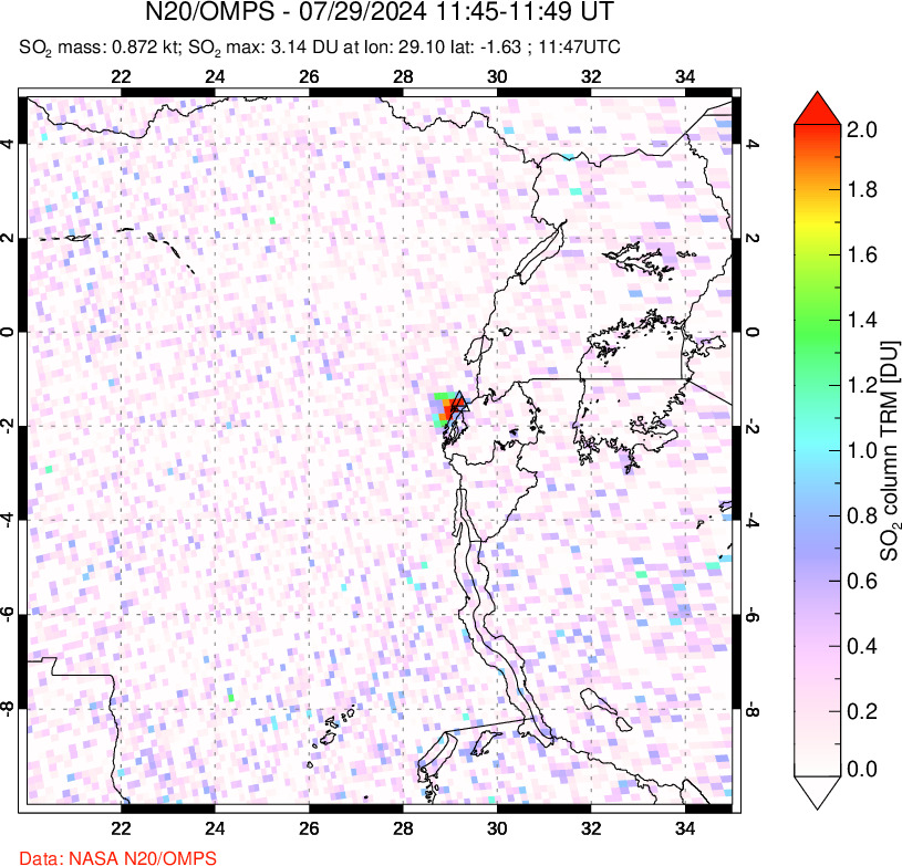 A sulfur dioxide image over Nyiragongo, DR Congo on Jul 29, 2024.