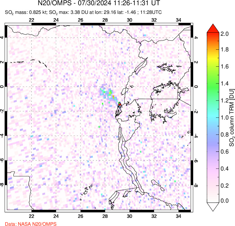 A sulfur dioxide image over Nyiragongo, DR Congo on Jul 30, 2024.