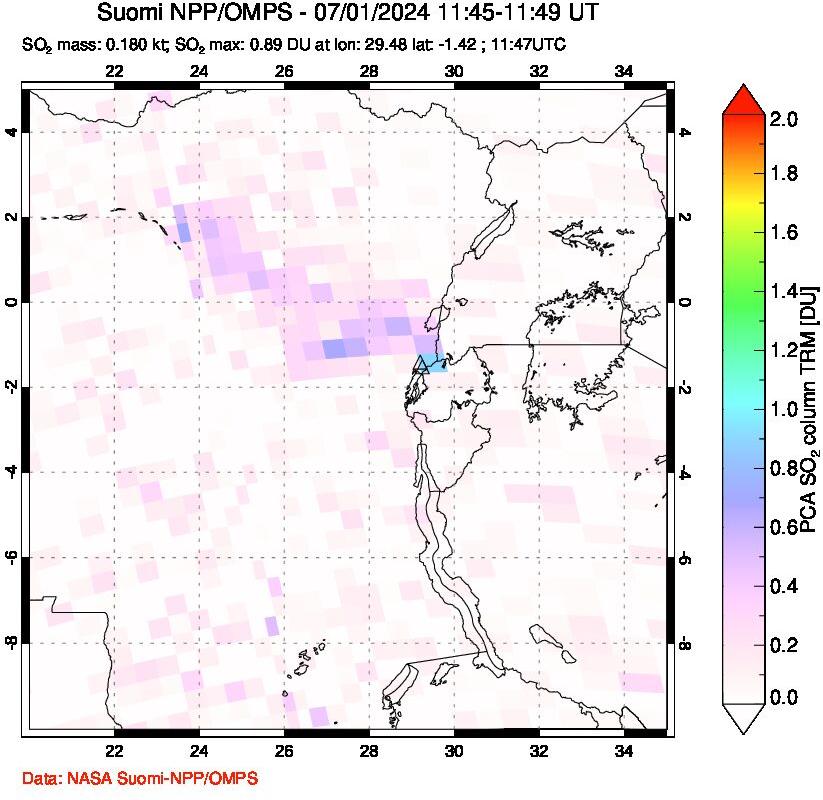 A sulfur dioxide image over Nyiragongo, DR Congo on Jul 01, 2024.