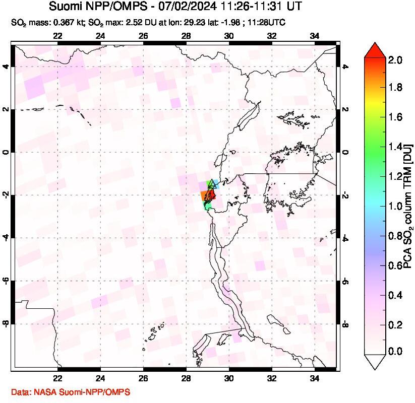 A sulfur dioxide image over Nyiragongo, DR Congo on Jul 02, 2024.