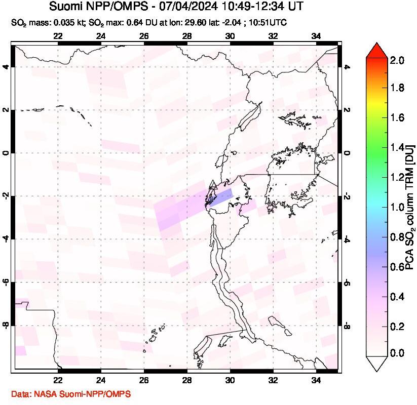 A sulfur dioxide image over Nyiragongo, DR Congo on Jul 04, 2024.