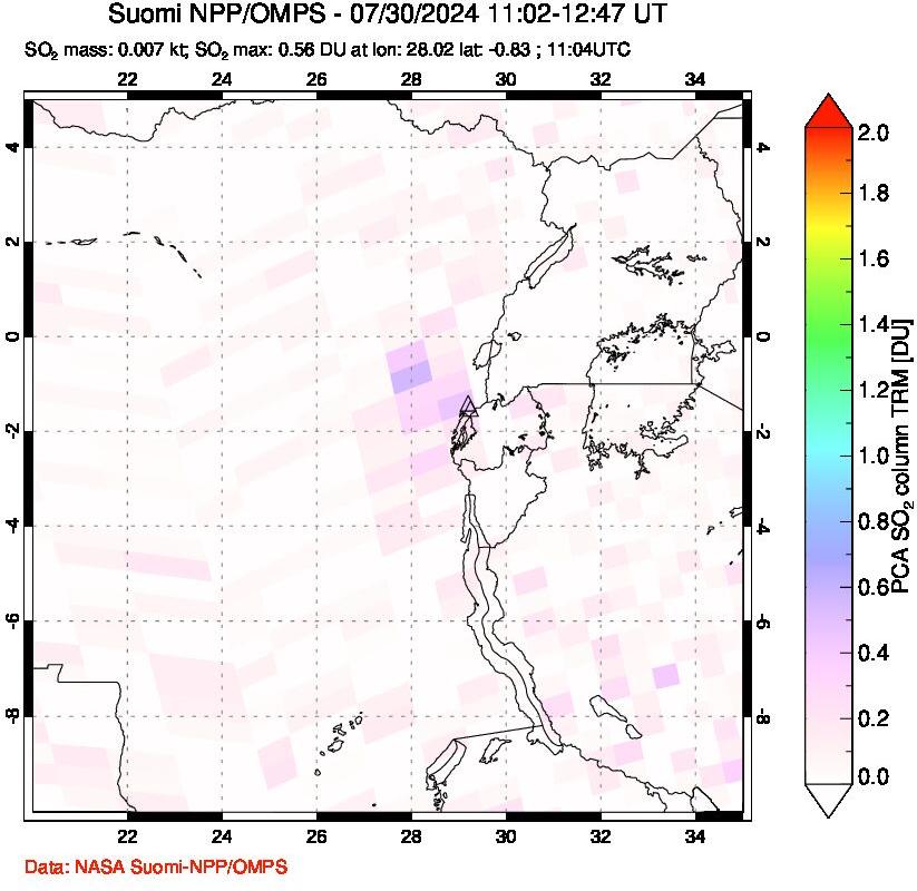 A sulfur dioxide image over Nyiragongo, DR Congo on Jul 30, 2024.