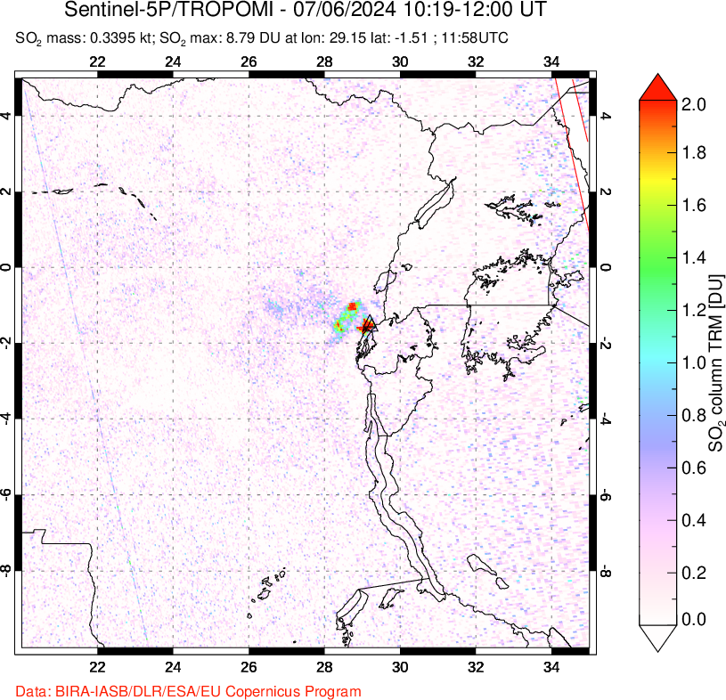 A sulfur dioxide image over Nyiragongo, DR Congo on Jul 06, 2024.