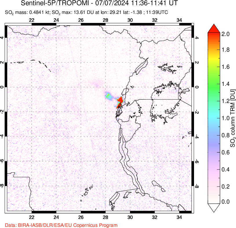 A sulfur dioxide image over Nyiragongo, DR Congo on Jul 07, 2024.